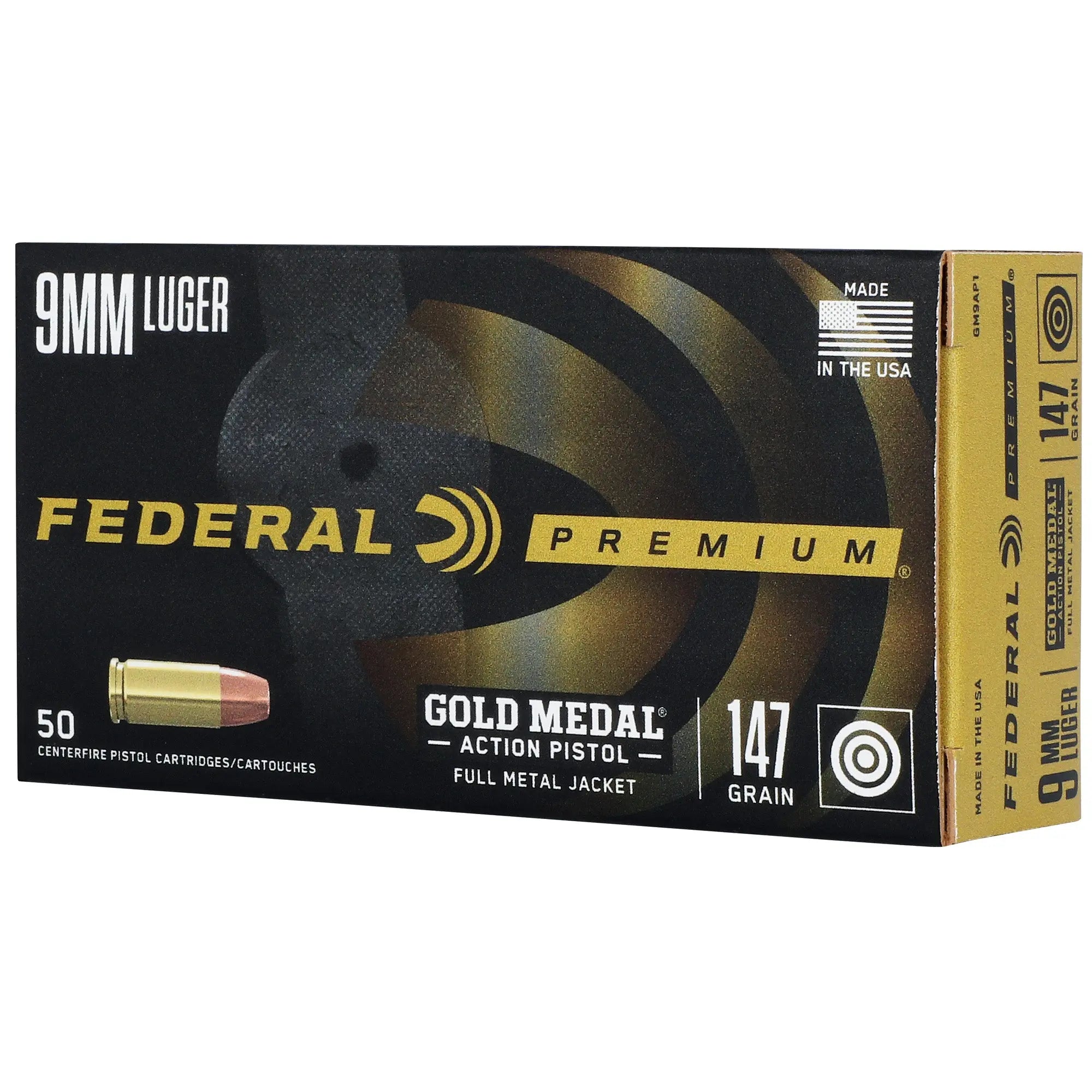 FED GLD MDL ACT 9MM 147GR FMJ 50/500 - American Ordnance