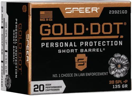 135GR SHORT BARREL 20RD 10BX/CSPEER GOLD DOT 38 SPECIAL+P - American Ordnance