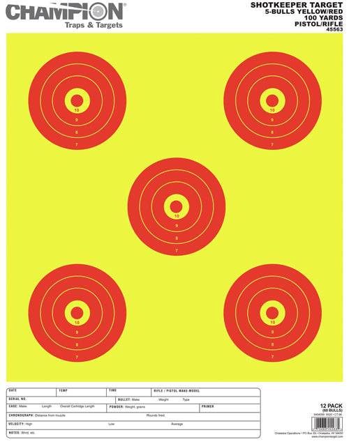 BULLSEYE TRGTS YELLOW/RED 12-PCHAMPION SCOREKEEPER 5 LARGE - American Ordnance